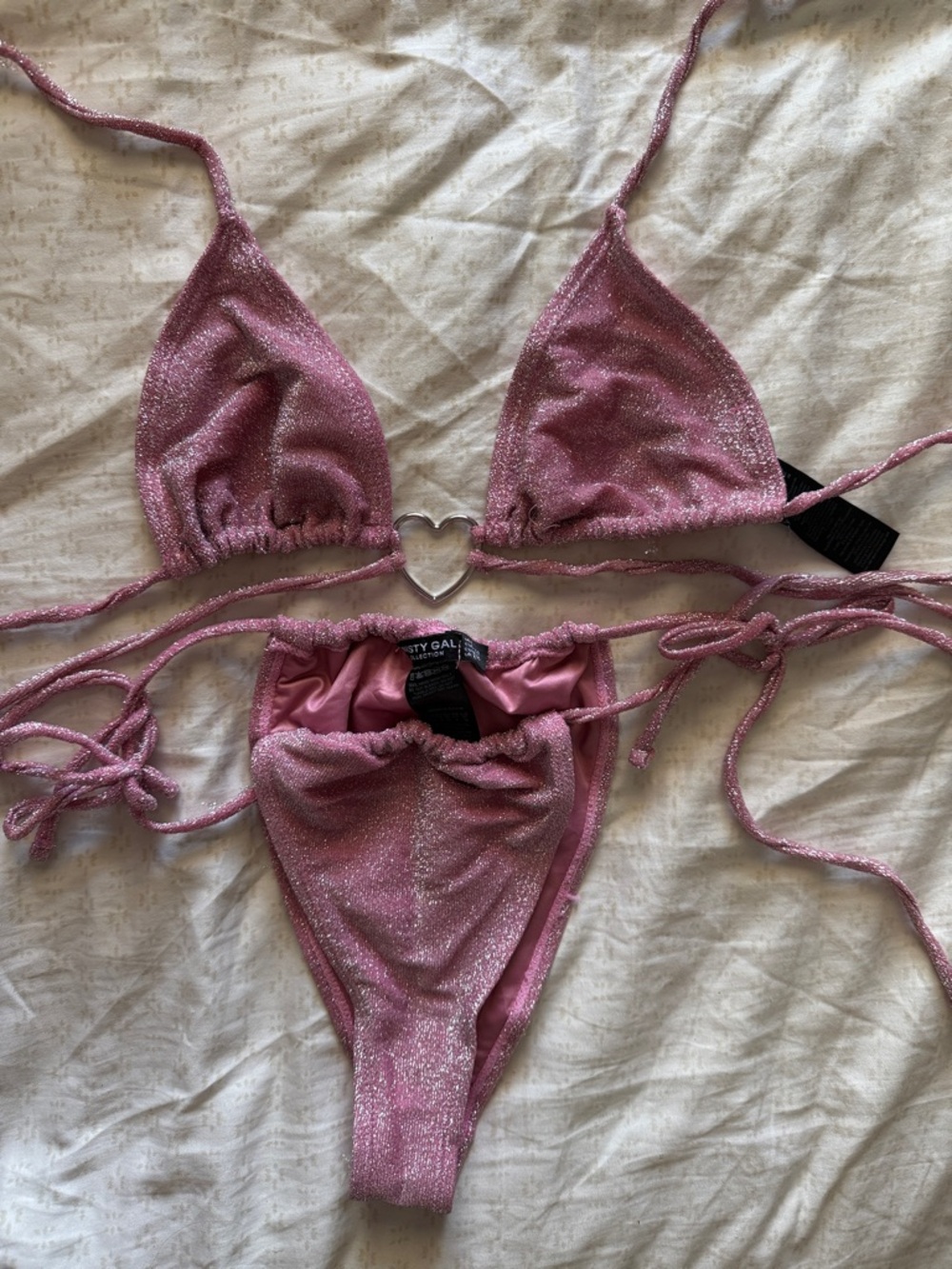 Glitter Pink String Bikini with Heart Ring